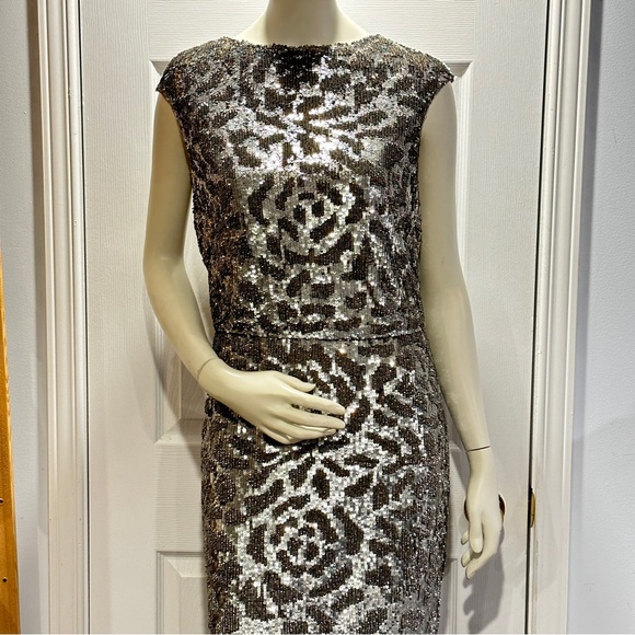 NWT Rachel Gilbert Carlotta Silver Sequin Floor Length Sz 10 Boatneck Gown - Picture 3 of 13